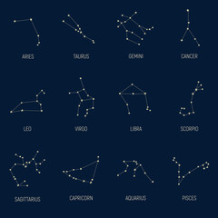 Collection of the zodiac signs on dark blue background © vikis