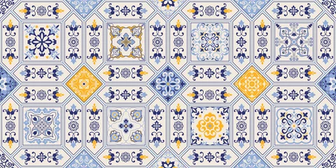 Fotobehang Azulejos tiles patchwork. Hand drawn seamless abstract pattern. Islam, Arabic, Indian, Ottoman motifs. Majolica pottery tile, blue, yellow azulejo. Original traditional Portuguese and Spain decor © psk55