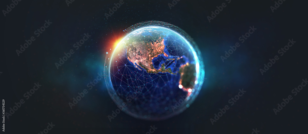 Poster Earth view from space. Global network. Blockchain technology. Planet and communication. Future world 3D illustration. Elements of this image are furnished by NASA