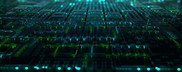 Motherboard, processor, CPU, quantum computer 3D illustration. High tech and cyber technology in global digital space. Innovation and technological breakthrough