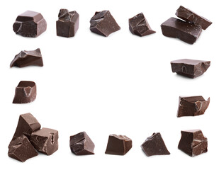 Frame made of delicious chocolate pieces on white background, top view. Space for text