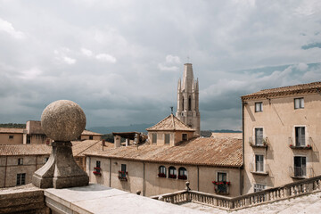 Gerona, Spain - empty stairs and facade of church Santa Maria