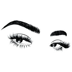 Sleek fashion illustration of the eye with luxe makeup and natural eyebrow. Hand drawn vector idea for business visit cards, templates, web, salon banners,brochures. Microblading visit card