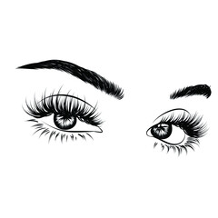 Fototapeta premium Hand-drawn woman's luxurious eye with perfectly shaped eyebrows and full lashes. Idea for business visit card, typography vector.Perfect salon look.