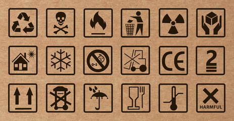 Illustration of different packing symbols on color background