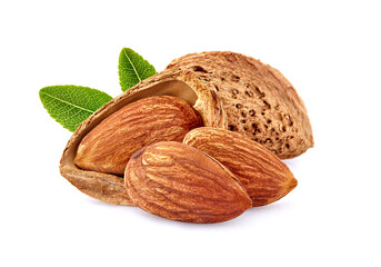 Almonds with leaves in closeup isolated on white background.