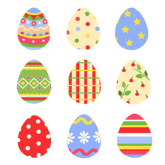Set of colorful decorative easter eggs. Isolated on white background. Holiday collection with different patterns and abstract ornaments. Vector illustration. Celebration objects and elements. 