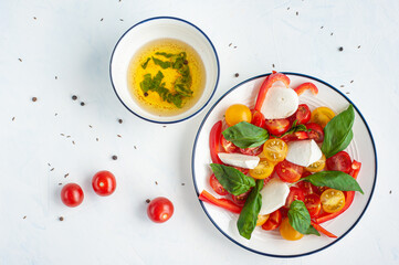 Summer salad of vegetables and mozzarella cheese. Olive oil sauce with basil.