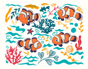 Fototapeta na wymiar Set of clown fish and nautical elements isolated on white background. Vector graphics.