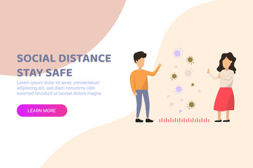 Social distancing, keep distance with people in public places to stop spreading COVID-19 coronavirus landing concept. Man and woman. A woman and a man stand apart from each other to stop infection