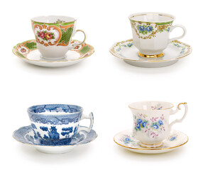 Classic luxury pottery or porcelain teacups on a completely white background. Contains clipping...