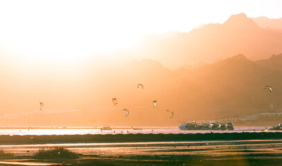 Lake of Dahab's desert at sunset with surfers 