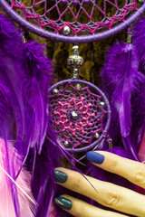 Handmade dream catcher with feathers threads and beads rope hanging