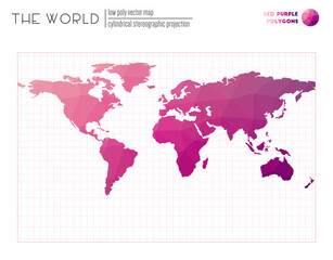 Triangular mesh of the world. Cylindrical stereographic projection of the world. Red Purple colored polygons. Creative vector illustration.