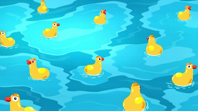Swimming cartoon yellow ducks on pond background loop. Good for intro, opener or looping background for kids. Sweet chiildren animation