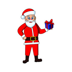 Santa Claus is holding a gift in his hand, standing pose. With a beard, mustache, red clothes and boots. Vector Illustration in flat style.