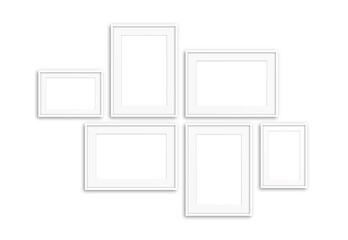 Six white photo frames set isolated on white background, interior decor mock up