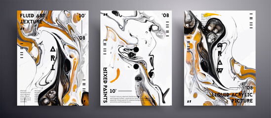 Abstract acrylic banner, fluid art vector texture set. Trendy background that applicable for design cover, poster, brochure and etc. Golden, black and white unusual creative surface template.