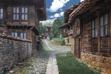 Cobbled street with Traditional wooden houses in Bulgarian village of Kotel Balkan Mountains