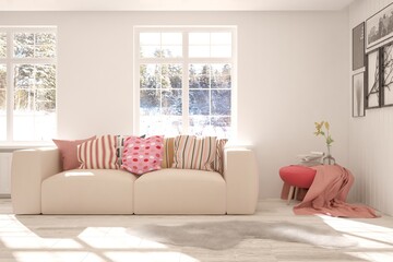 White stylish minimalist room with sofa and winter landscape in window. Scandinavian interior design. 3D illustration