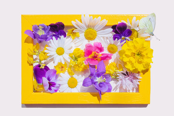 Homemade yellow photo frame with various yellow, purple and pink flowers inside. On the frame sit a light butterfly. Cute summer concept. Image for holiday cards, greetings. Isolated, light background