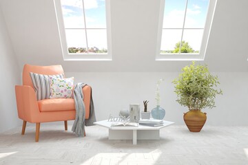 White cozy minimalist room with coral armchair. Scandinavian interior design. 3D illustration