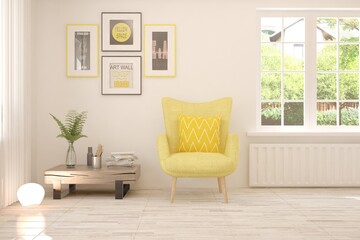 Idea of white stylish minimalist room with yellow armchair and summer landscape in window. Scandinavian interior design. 3D illustration