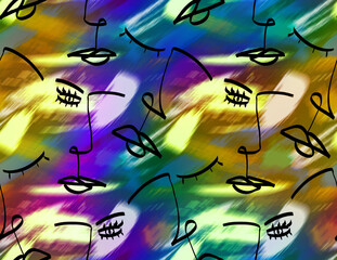 Abstract One Line Drawing Faces Masks Repeating Pattern with Tie Dye Batik Splashes Brush Strokes Background