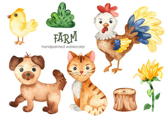 Fototapeta premium Farm watercolor set with rooster, chicken, cat, dog, log, sunflower, bush