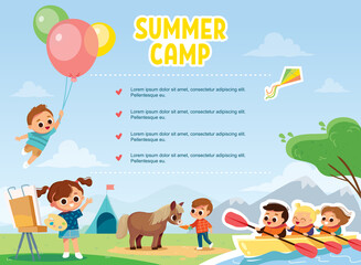 Children enjoy summer. Summer activity. Boy flying with balloons. Boy feeding a pony. Kids kayaking.