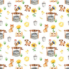 Watercolor seamless pattern with well, bucket, cat, dog, rooster, sunflower on a white background.