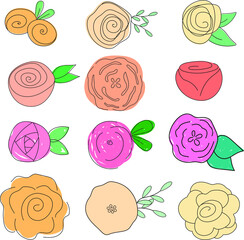 Set of 12 cute, stylized hand drawn rose doodles, vector flowers