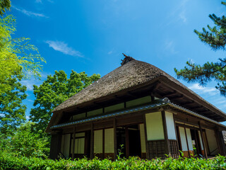 Fototapeta na wymiar 初夏の青空が広がる日本の古民家がある風景