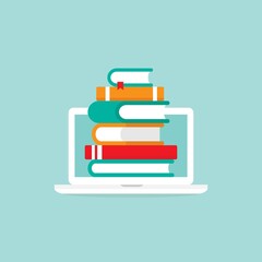 white laptop with stack of colorful books. Isolated on powder blue background.