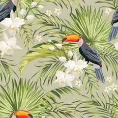 Tapeten Nahtloses tropisches Muster mit Dschungelblumen, Papageien und Blättern. © Logunova  Elena