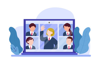 Vector illustration of online learning. students who greet each other.