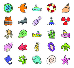 Obraz premium Submarine and Sealife in Trendy Doodle Style Pack 