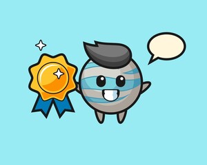 Planet cartoon holding a golden badge