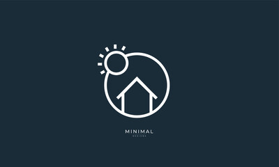 An Abstract minimal icon logo of a house in a circle with a sun