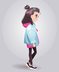 Stylish teenage girl in jeans jacket with cute hairstyle standing. Young school girl character. Isolated vector illustration on color background.