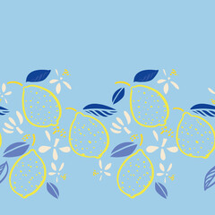 Vector tropical modern mediterranean summer lemon repeating border. Hand drawn bright textured citrus fruit pattern with leaf and bud on blue background. Classy simple summer backdrop.