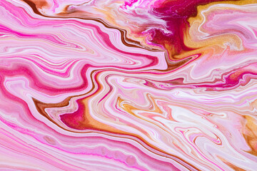 Fluid art texture. Abstract backdrop with iridescent paint effect. Liquid acrylic picture with flows and splashes. Mixed paints for interior poster. Golden, white and coral overflowing colors