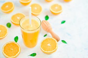 top view of the process of making fresh orange juice, flat lay