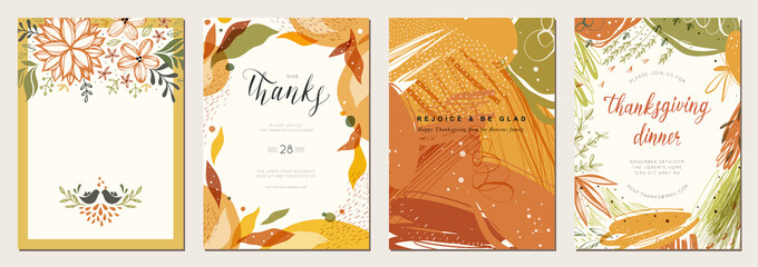 Thanksgiving cards. Set of abstract creative universal artistic templates. Good for poster, invitation, flyer, cover, banner, placard, brochure and other graphic design.