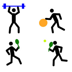 a set of stick figures of a person engaged in various sports, a healthy lifestyle