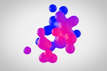 Blue-red plastic metaball in 3d. Small drops are separated from the liquid sphere and connected together on a white background. Liquid molecule decaying in 3d rendering.