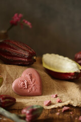 On a wooden table is chocolate, cocoa fruit.
