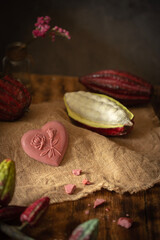 On a wooden table is chocolate, cocoa fruit.
