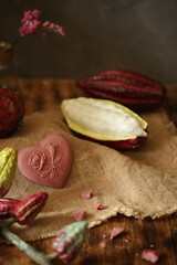 On a wooden table is chocolate, cocoa fruit.
