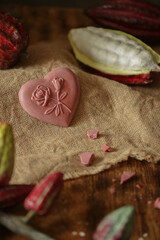 On a wooden table is chocolate, cocoa fruit.

